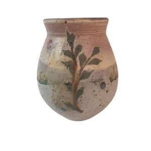 Bridget Hauser Signed Art Pottery Vase Pastels Pink Green Leaves Speckled 5"x 4"